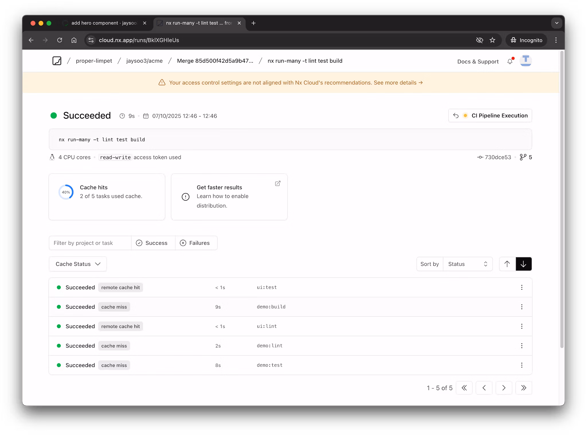 Nx Cloud run showing remote cache hits